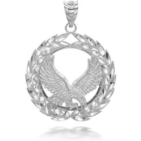 Claddagh Gold .925 Sterling Silver 1.30" Patriotic USA American Eagle with Olive Wreath Peace Round Pendant Necklace - Choice of Chain Length