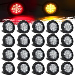 2.5" Inch Round LED Clearance Side Marker Lights 13 LED w/Clear Reflector Lens, 10 Amber + 10 Red 2.5" Led Round Trailer Side Marker Lights Sealed Flush Mount w/Grommet and 2 Prong Pigtails