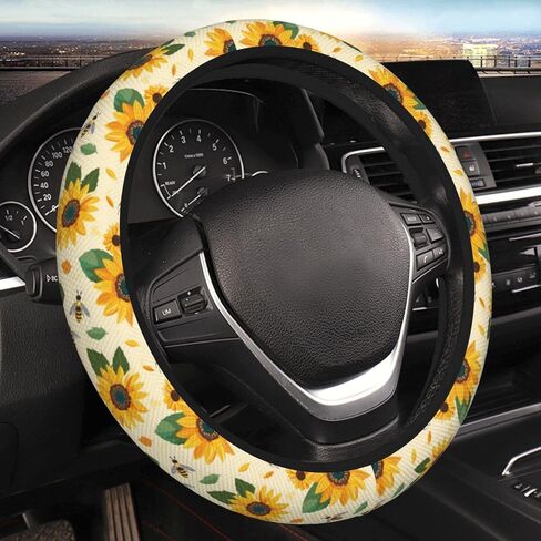 Sunflower Bee Steering Wheel Cover for Women Men Girls, Car Accessories Decor Thickened Anti-Slip Auto Steering Wheel Covers Protector Universal Fit 15 Inch for Cars, Truck, SUV in Kuwait