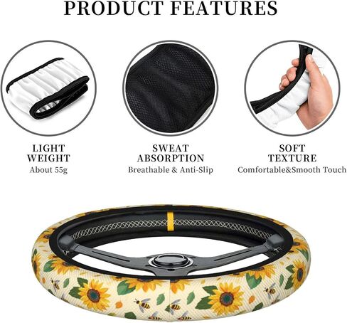 Sunflower Bee Steering Wheel Cover for Women Men Girls, Car Accessories Decor Thickened Anti-Slip Auto Steering Wheel Covers Protector Universal Fit 15 Inch for Cars, Truck, SUV in Kuwait