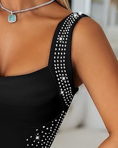 Womens Sexy Elegant Rhinestone Square Neck Sleeveless Bodycon Midi Dress Cocktail Party Club Night Out Dress in Saudi Arabia