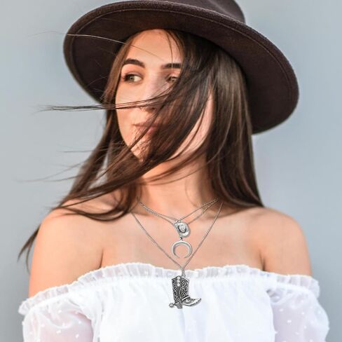 قلادة رعاة البقر الغربية من Boho Western Western For Women Head Moon Moon Contince Cowboy Boot Charm Jewelder Western Necklace Jewelry for Country Concert Admits in Kuwait