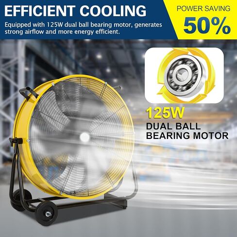 BILT HARD 7800 CFM 24 بوصة مروحة طبلة عالية السرعة متغيرة السرعة، إمالة قابلة للتعديل 360 درجة، مروحة متجر صناعية شديدة التحمل بمحرك DC للمستودعات وورش العمل والجراج والمصنع والطابق السفلي - مدرج في قائمة UL in Kuwait