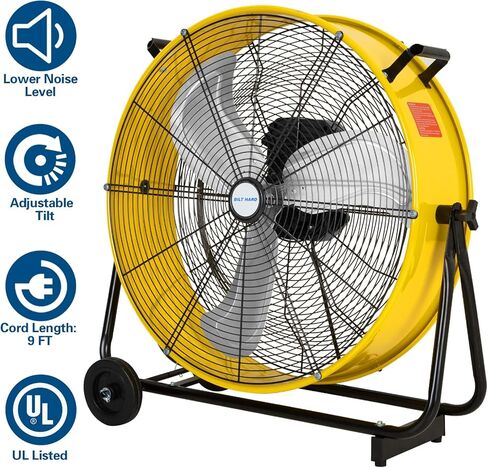 BILT HARD 7800 CFM 24 بوصة مروحة طبلة عالية السرعة متغيرة السرعة، إمالة قابلة للتعديل 360 درجة، مروحة متجر صناعية شديدة التحمل بمحرك DC للمستودعات وورش العمل والجراج والمصنع والطابق السفلي - مدرج في قائمة UL in Kuwait