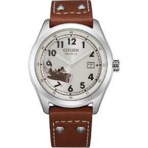 Citizen Eco-Drive Men's Disney Mickey Mouse Aviator Watch, Stainless Steel with Brown Leather Strap, 3-Hand Date, 40mm (Model: BV1088-08W)