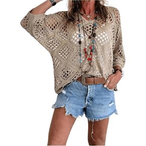 Verdusa Women's Plus Size Hollow Out Crochet Knit Sweater Sweater Sheer Half Sleve Sweating Sensters