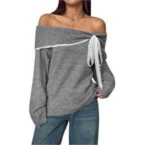 Verdusa Women's Bow Off The Shoulder Pullover Sweaters Y2k Lace Long Sleeve Knit Tops