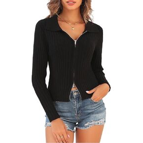 ZAFUL Women's Zip Up Sweater Long Sleeve Polo V Neck Ribbed Knit Slim Cropped Sweater Pullover Jumper Tops