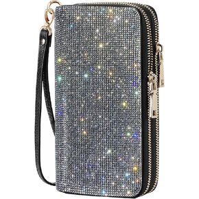 Women's Rhinestone Large Capacity Double Zipper Wristlet Clutch Purse Party Wallet Card Phone Holder