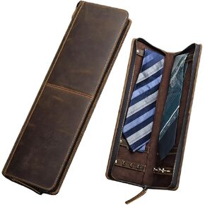 EURYNOME Travel Tie Case, Genuine Leather Cufflinks Necktie Storage Box Tie Holder Gift for Mens