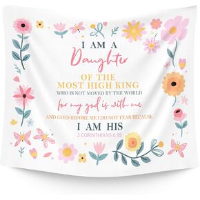 WAITPI Christian Floral Hanging Wall Tapestry for Girly Bedroom, Inspirational 2 Corinthians 6:18 Bible Verse Pastel Flower Wall Hanging Decor Tapestry for Baby Girls Nursery Room Dorm, 50x60in king
