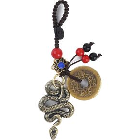 Fazovin Vintage Brass Lucky Snake Keykain مع 5 عملات صينية Feng Shui للثروة حظاً سعيداً