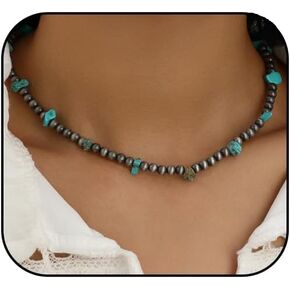 Navajo Pearl Necklace for Women,Western Turquoise Beaded Choker Boho Vintage Cowgirl Navajo Necklace Native Inspired Costume Party Jewelry Accessories