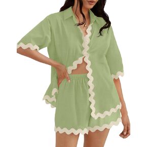 ZESICA Women's Button Down Pajama Set Line Short Sleeve Shirt and Shorts Pj Lounge Sets Sleepwear with Pockets