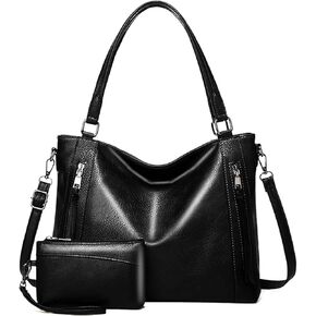 Women PU Leather Tote Bag, Black Handbag Shoulder Hobo Purse Large Crossbody Bag Ladies Bucket Wallet Set 2pcs for Shopping
