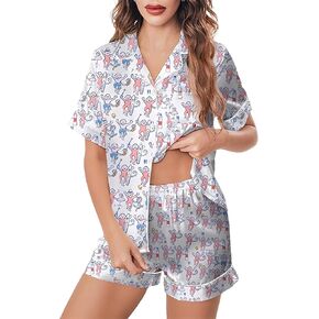 2 قطعة Preppy Pajamas زر أسفل Y2K طباعة بيجامات القرد للنساء شورت الشاطئ لطيف مجموعة صالة PJS