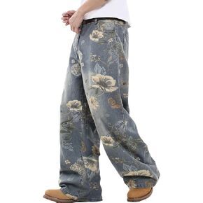 Y2k Baggy Jeans Men Flower Print Graphic Jeans Harajuku Wide Leg Boyfriend Denim Pants Streetwear