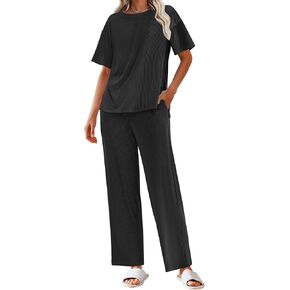 Ekouaer Pajamas for Women Ribbed Knit Lounge Set Soft Pjs Short Sleeve Loungewear 2 Piece Outfits Sets S-XXL