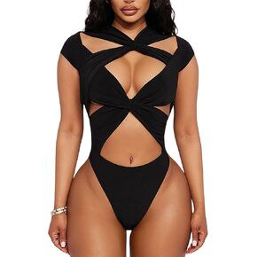 Baimore Women's Sexy Criss Cross Clutout Cap Cap Sleeve Leotard Bodysuit for Nightclub