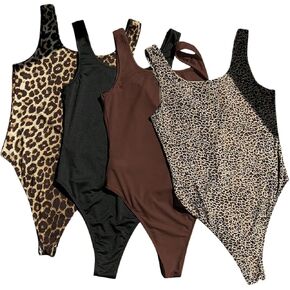 SweatyRocks Women's 4 Pack Bodysuit Shirts Leopard Print Crew Neck Sleeveless Leotard Tops