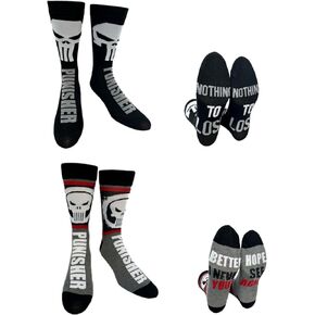 Hyp "Sock Talk" Marvel Punisher 2 Pack Men's Crew Socks - Black & Grey Skull Logo - Bottom Sole Text: Nothing to Lose & Better Hope... - Men's Shoe Size 6-12
