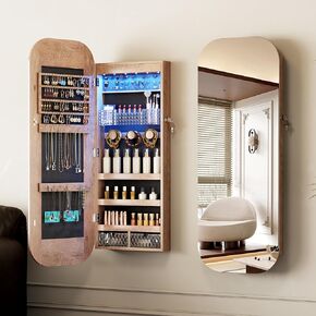 LVSOMT مستديرة مرآة مرآة الحجرية شنقا باب ، مجوهرات armoire مع جدار المرآة mounte ، منظم مجوهرات مرآة معلقة ، مرآة كاملة الطول مع تخزين المجوهرات ، بني