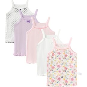 5-Pack Girls Cotton Camisoles Undershirt | Fade-Resistant | for Dance Ballet Gym | Floral & Solid Colors Size3-12Y