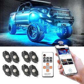 SEALIGHT RGBW Rock Lights for Trucks, 8 Pods Music and Velocity Mode Underglow Lighting Kit, Bluetooth APP and Wireless Remote Double Controls, Multicolor Neon Lights Under Off Road Jeep ATV UTV