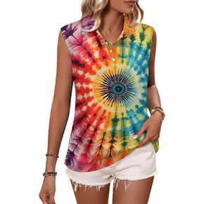 JooMeryer Womens Button Down Golf Polo Shirts Colorful Tie Dye Sleeveless Tank Top XS-4X