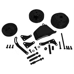 Complete Black Steel V-Belt 2 Groove Long Water Pump Crank Pulleys with Alternator & Power Steering Brackets Kit Compatible with Chevy SBC 265 283 305 327 350 383 400 1969-1978