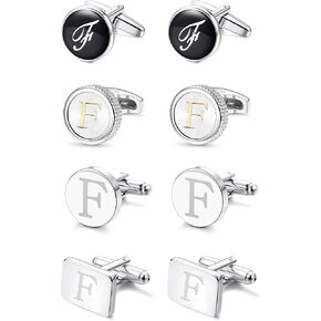 LOYALLOOK 4 Pairs F Letter Shirts Cufflinks, Alphabet Set, Fashion Dazzle Tuxedo Accessories for Men - Elegant Formal Wear for Weddings/Business - Silver/Black/gold
