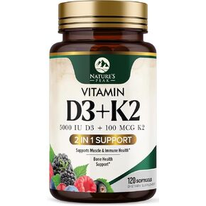 Vitamin D3 K2 Supplement | 5000 IU Vitamin D3 & 100 mcg Vitamin K2, 2 in 1 Vitamin D with K2 Complex Softgels, Support Immune, Heart, Joint, Teeth & Bone Health, Easy to Swallow, Non-GMO, 240 Softgels