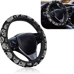 1 PC CAR CAR STERINGERTERS ، 14.96 "Skull Print Print Four Seasons Four Seasons ، غطاء زخرفي عالمي ، إكسسوارات قابلة لإعادة الاستخدام القابلة للغسل ، متوافقة مع معظم نماذج السيارات (أسود)