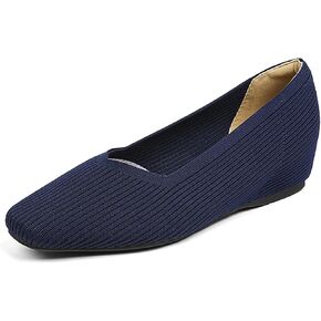 Women's Knit Square Toe Flats Casual Comfortable Slip On Soft Bottom Internal Height Increase Dress Shoes for Daily Work Walking Flat Shoes