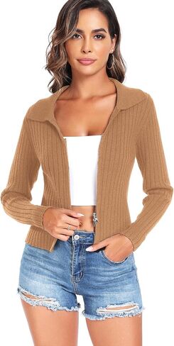 ZAFUL Women's Zip Up Sweater Long Sleeve Polo V Neck Ribbed Knit Slim Cropped Sweater Pullover Jumper Tops in Saudi Arabia