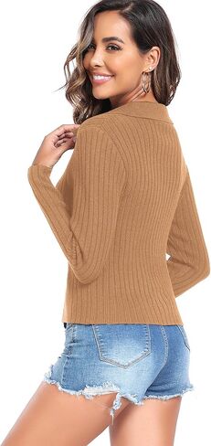ZAFUL Women's Zip Up Sweater Long Sleeve Polo V Neck Ribbed Knit Slim Cropped Sweater Pullover Jumper Tops in Saudi Arabia