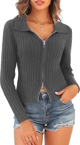 ZAFUL Women's Zip Up Sweater Long Sleeve Polo V Neck Ribbed Knit Slim Cropped Sweater Pullover Jumper Tops in Saudi Arabia
