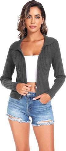 ZAFUL Women's Zip Up Sweater Long Sleeve Polo V Neck Ribbed Knit Slim Cropped Sweater Pullover Jumper Tops in Saudi Arabia