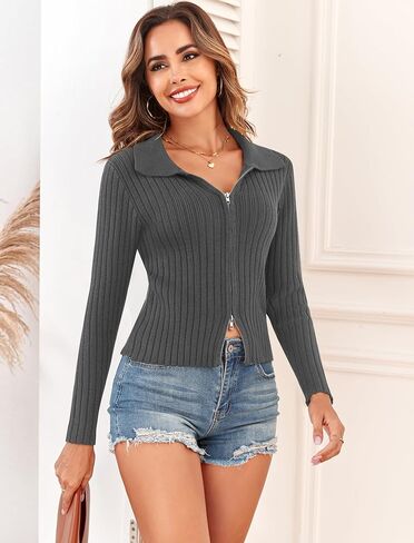 ZAFUL Women's Zip Up Sweater Long Sleeve Polo V Neck Ribbed Knit Slim Cropped Sweater Pullover Jumper Tops in Saudi Arabia