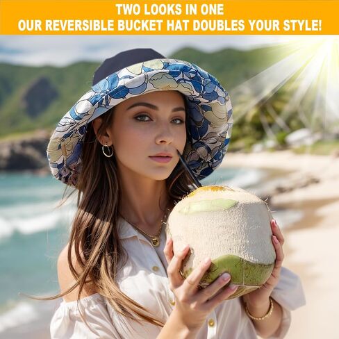 Women's Wide Brim Sun Hats UV Protection - Reversible Bucket Hat Foldable Beach Hat with Chin Strap Summer Hat for Travel in Saudi Arabia