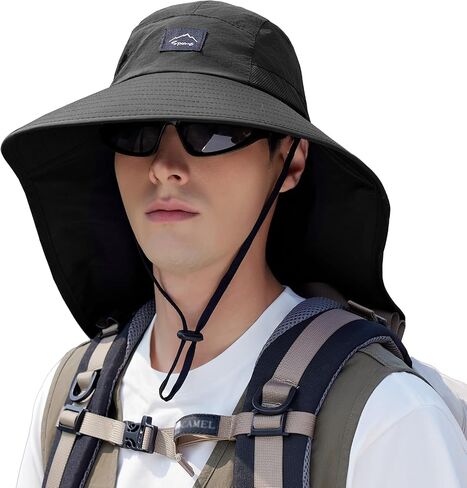 Rosoz Outdoor Sun Hat for Men Women, UPF50+ Protection Safari Cap Wide Brim Mesh Fishing Hat with Neck Flap Beach Garden in Kuwait