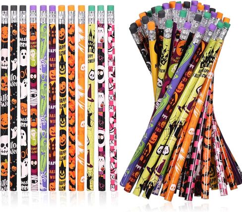 emzrivo 24 Pieces Halloween Pencils with Eraser Assortment Halloween Themed Pencil Ghost Pumpkin Skeleton Bat Spider Wooden Pencils for Halloween Party Favor Supplies, 12 Style(24) in Saudi Arabia