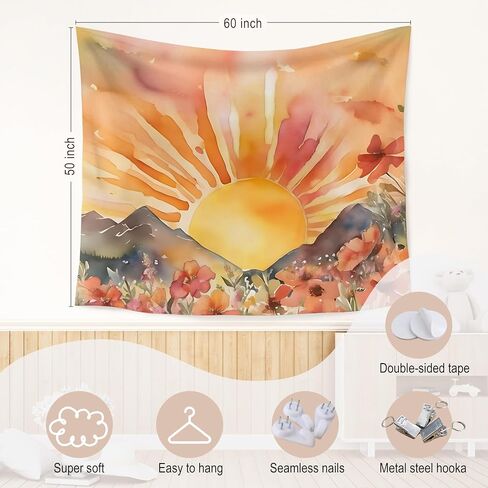 WARDOS Boho Sun Tapestry, Boho Tapestry Wall Hanging, Abstract Mid Century Modern Sunshine Sunset Sunrise Wildflower Mountain Landscape Wall Blanket Decor for Home Living Room Bedroom, 50x60 Inch in Saudi Arabia
