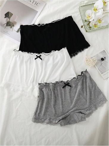 SweatyRocks Women's 3 Pack Pajama Shorts Lettuce Trim Lace underwear Lounge Shorts in Kuwait