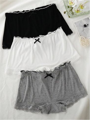SweatyRocks Women's 3 Pack Pajama Shorts Lettuce Trim Lace underwear Lounge Shorts in Kuwait