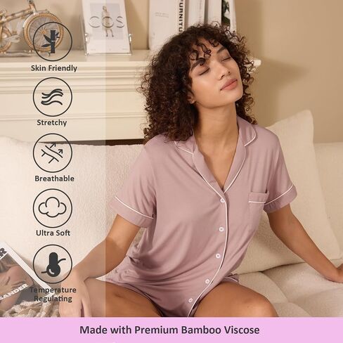 Tosmo Pajamas Pajamas مجموعة Viscose من Bamboo Short Sleeve Withour Button Down Loungewear Soft Cooling PJS in Kuwait
