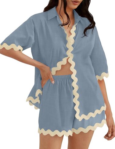 ZESICA Women's Button Down Pajama Set Line Short Sleeve Shirt and Shorts Pj Lounge Sets Sleepwear with Pockets in Saudi Arabia