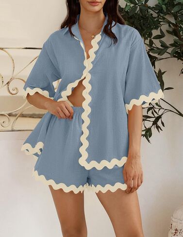 ZESICA Women's Button Down Pajama Set Line Short Sleeve Shirt and Shorts Pj Lounge Sets Sleepwear with Pockets in Saudi Arabia