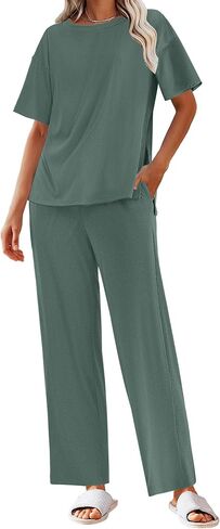 Ekouaer Pajamas for Women Libbed Knit Lounge Set Soft PJS PJS Short Sleeve Loungewear 2 قطعة مجموعات S-XXL in Kuwait