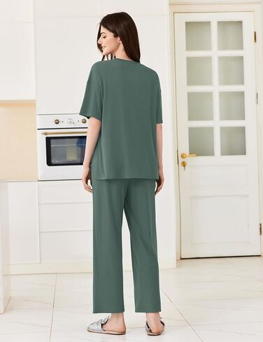 Ekouaer Pajamas for Women Libbed Knit Lounge Set Soft PJS PJS Short Sleeve Loungewear 2 قطعة مجموعات S-XXL in Kuwait